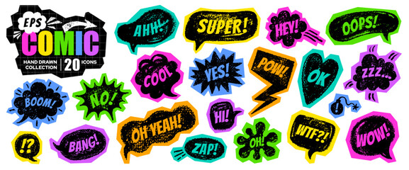 Comic bubble Pop collage sticker set. Boom, wow pow, bang text. Speech box with scrapbook cutout effect. Doodle comic pop icon. Y2k cartoon wow bomb boom collage. Vector onomatopoeia art. Talk balloon