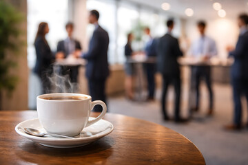 Hot coffee on table during corporate networking event