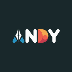 Modern Andy Logo Design with Minimalist Pen Nib Icon and Vibrant Circular Abstract Typography