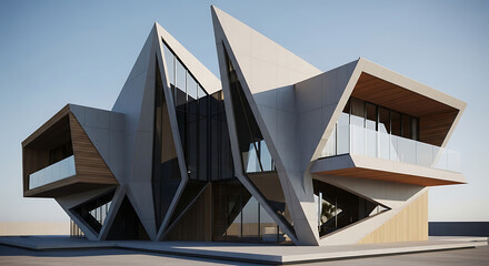 Modern geometric building with angular design, viewed from low angle, showcasing unique architecture and sharp lines