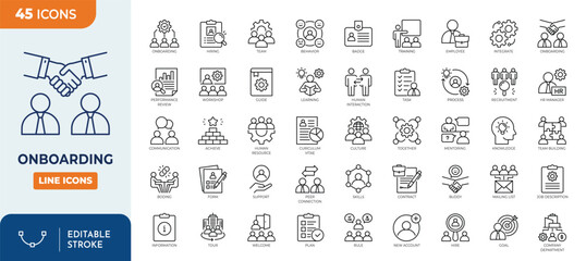 onboarding icon set. Contain icons related to Employee, Human Resources, welcome, training, learn, orient, team, process, support, Company, and more. Editable stroke. Vector Illustration