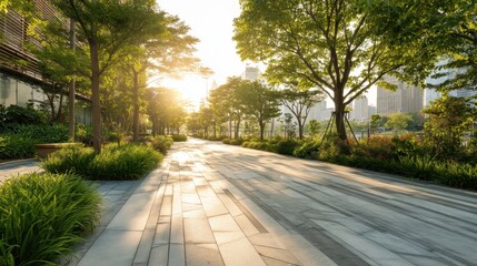 Empty modern city park pathway at golden hour. Urban green space with trees and bushes. Nature in city environment for relaxation.