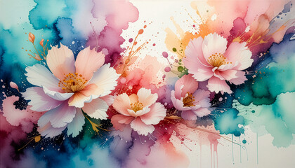 Eksplozja kolorowych kwiatów – Abstrakcyjna akwarela.