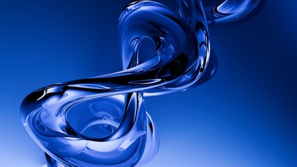 Fluid liquid blue glass shapes and spheres abstract background. 3d illustration contemporary art