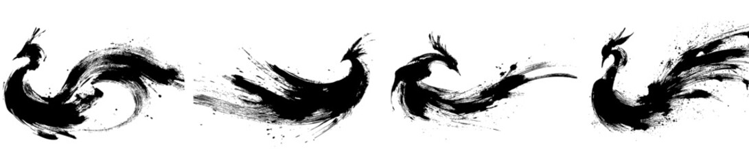 Phoenix brush stroke illustration inspired by asian ink painting with dynamic flowing movement on white background