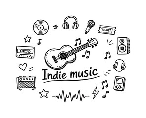Indie music. Hand-drawn doodle illustration of Indie music. In the middle, one slightly larger central doodle