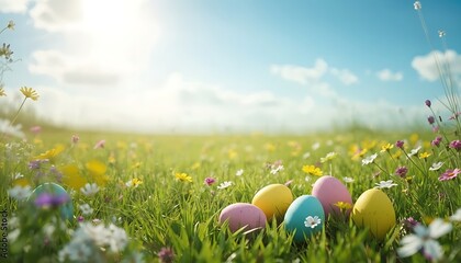Vibrant easter eggs nestled in a blooming meadow under a clear blue sky