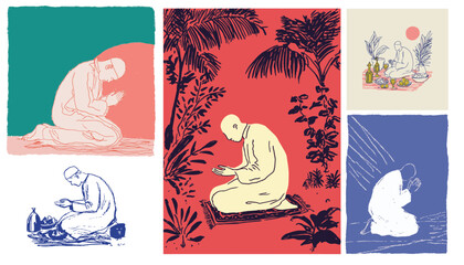 Hand drawn doodle of people praying in islamic style for ramadan and eid religious celebration