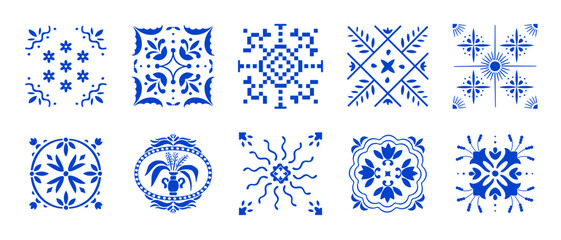 Mediterranean ceramic tile pattern. Blue Amalfi ornaments mosaic textures. Seamless Italian design. Traditional Portuguese azulejo elements, summer sun icons and vintage Positano coast aesthetic.
