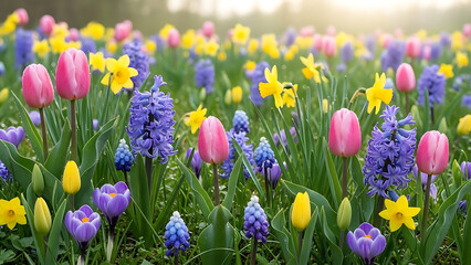 Colorful spring flowerbed filled with tulips daffodils and hyacinths in vibrant pink purple and yellow hues soft morning light