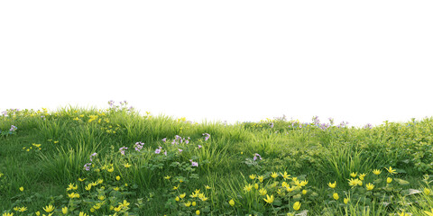 Verdant Hill Blooming with Yellow Flowers in Spring. 3D render. 