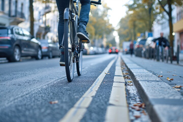 Cycliste circulant sur une piste cyclable en milieu urbain, mobilité douce au cœur de la ville, transport écologique et aménagements favorisant les déplacements durables.