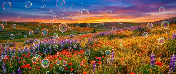 Vibrant panoramic vista of a wildflower meadow at sunset with soap bubbles floating in the air, catching rainbow light over a field of red poppies and purple lupines under a colorful sky.