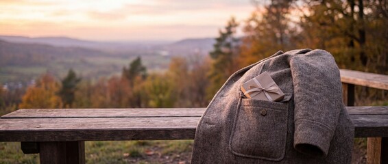 Small gift box wrapped in brown paper with a ribbon inside the pocket of a wool coat draped over a wooden bench, overlooking a beautiful autumn landscape at sunset in a wide horizontal panorama.
