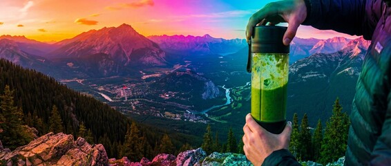 Vibrant Panoramic Mountain Vista with Person Holding a Green Smoothie in a Blender Bottle at Sunset, Bold Colorful Lighting Over a Scenic Valley Landscape for Health and Wellness Lifestyle.