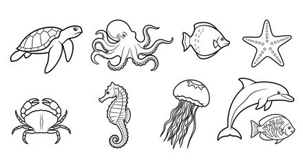 Collection of hand-drawn sea creatures in black and white outlines.