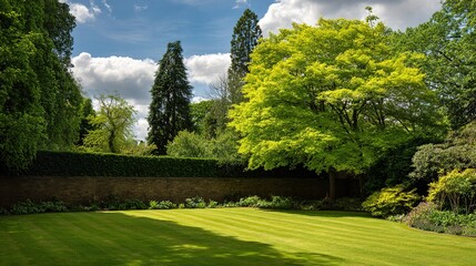 seclusion. Private garden surrounded by dense hedge enclosure, warm afternoon light, peaceful atmosphere. lifestyle magazines.