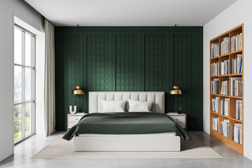 Modern bedroom interior with green accent wall, cozy bed, wooden bookshelf, and natural light from large window in minimalist design style. 3D Rendering