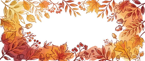 Autumn Leaves Border Panoramic Vector Banner with Warm Watercolor Gradient and Central Copy Space. Hand-Drawn Fall Foliage including Maple, Oak, Acorns, and Berries for Seasonal Thanksgiving Design.