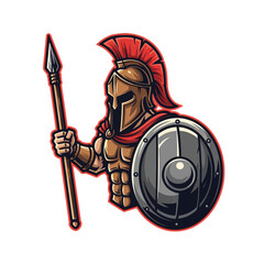 Mascot illustration of a powerful Spartan warrior with spear and shield.