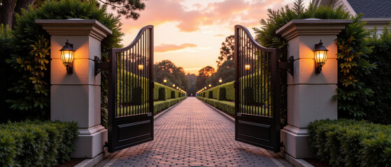 Elegant iron gate stone pillar lantern cobblestone driveway lush hedge sunset luxury estate tranquil entrance residential