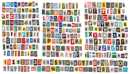 Collage of cut-out letters, numbers, and symbols on white.