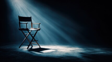 Director's chair in a dark studio under a dramatic bright spotlight beam