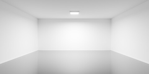 Empty blank white large room background with single square light and grey floor, modern interior template
