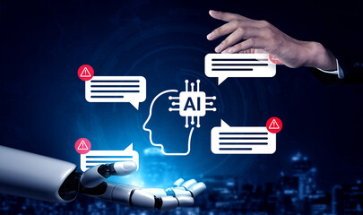 This image captures the interaction between AI and human hands, featuring digital chat bubbles and warning alerts, symbolizing advanced communication in technology. Gantry