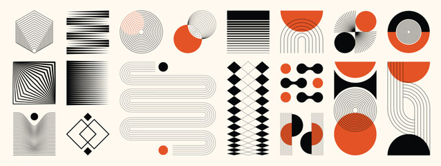 Hand drawn abstract minimal element mid century vector set. Aesthetic contemporary stripe line art, geometric shape in monochrome. Art form design for wall art, decoration, wallpaper.