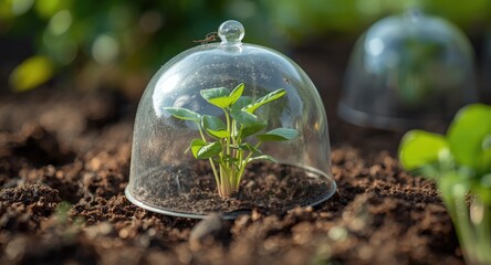 Seedlings nurtured naturally under a handmade cloche shield using no dig technique