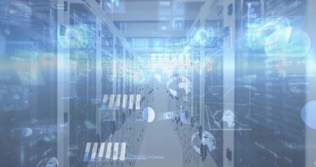 Glowing server racks showing LED status lights down central aisle, displaying holographic data