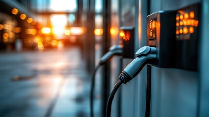 An electric vehicle charging station illuminated by warm sunset light, highlighting the transition toward green energy solutions in modern urban environments.