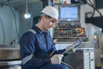 Professional Engineer male worker work control operate CNC machine in heavy industry metal factory
