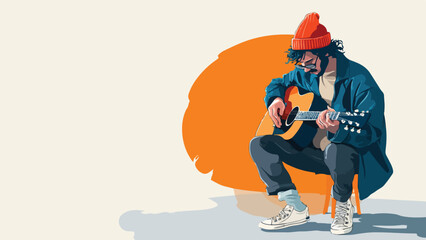 A person wearing an orange beanie, glasses, and blue jacket plays an acoustic guitar