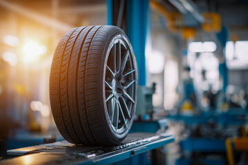 High-performance car tire mounted on a rim in a modern auto repair shop with sunlight streaming through windows and machinery in the background