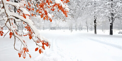Zimowy park miejski podczas opadu śniegu z wyróżniającym się czerwonym dzikim jabłkiem