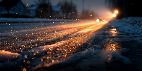 Mokra ulica o zmierzchu odbijająca migoczące światła przejeżdżających samochodów w miejskim otoczeniu