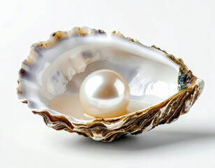 Ostra abierta con perla perfecta y brillante dentro, sobre fondo blanco, concepto de lujo, elegancia, exclusividad, pureza y belleza natural, para imagen de alta joyería 