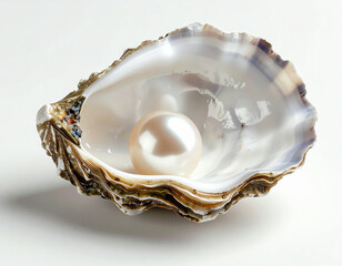 Ostra abierta con perla perfecta y brillante dentro, sobre fondo blanco, concepto de lujo, elegancia, exclusividad, pureza y belleza natural, para imagen de alta joyería 