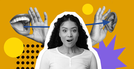 A woman with curly hair shows a surprised expression in a collage. Hands depict talking and listening while colorful shapes surround her. This set emphasizes communication and emotions.