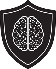 Black shield icon with white brain illustration and neural network connections for security, protection, and intelligence concepts