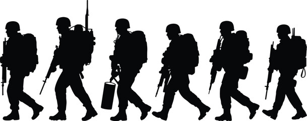 Military soldier silhouettes walking with rifles and tactical gear, army patrol unit black vector illustration isolated on white background