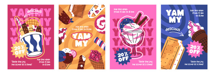 Advertising posters of ice cream cafe set. Designs of special offers and sales for icecream. Promotion templates with summer desserts, popsicle, sundae, gelato, sorbet. Flat vector illustrations