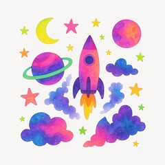 Colorful space-themed watercolor illustration.