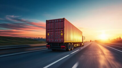 Logistics industry container truck driving on the highway during sunset with blue sky in the background