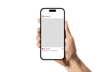 Smartphone Social Media Post Mockup, Hand Holding phone with Blank instagram ui ux mock up Template on Transparent Background