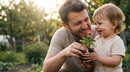 happy caucasian father and toddler son holding young flower plant with soil in garden. family gardening and nature care. teaching child about environment. banner, website header with copyspace.