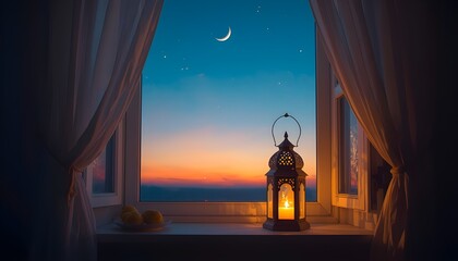 Ramadan lantern on windowsill at dusk with crescent moon and stars visible outside