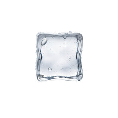 Ice cube isolated on black background with water drops and bubbles